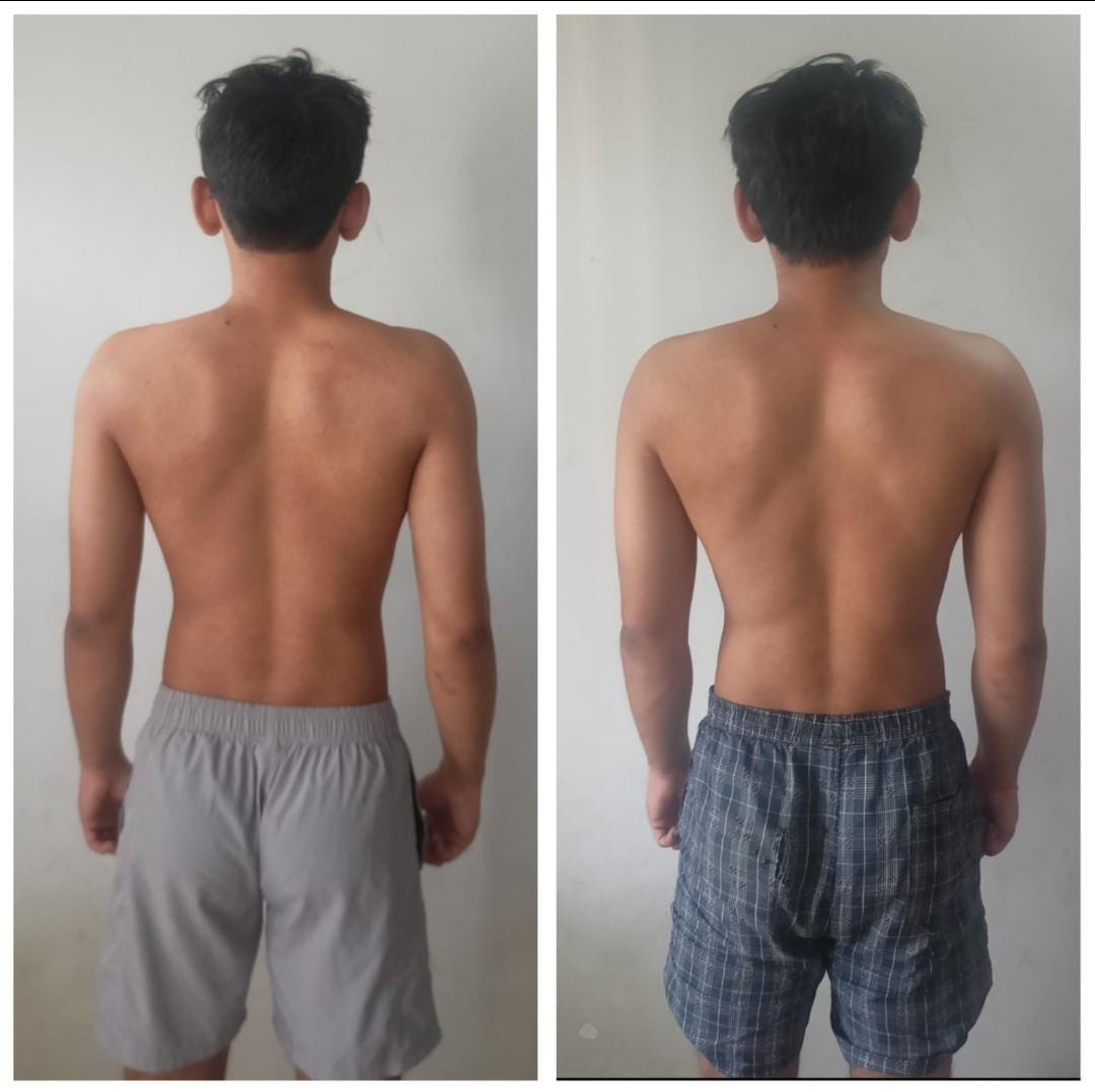 Before and after photos of Aditya's muscle gain journey from 66 kg to 69 kg