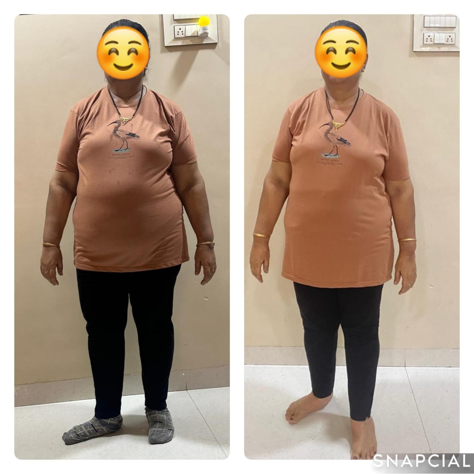 Before and after photos of a client who went from 84 kg to 76 kg with improved posture
