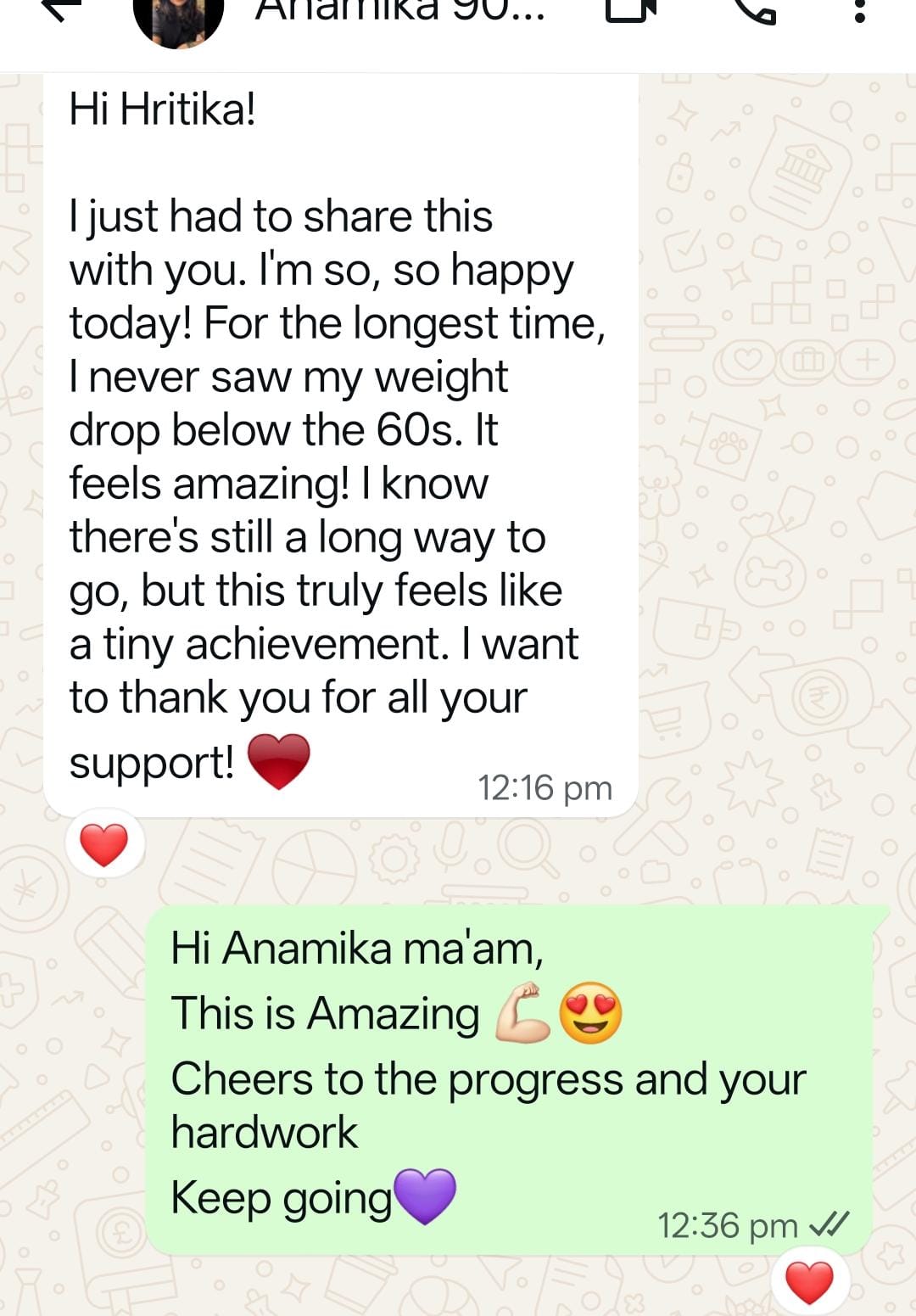 Anamika's WhatsApp message sharing her weight dropping below the 60s for the first time