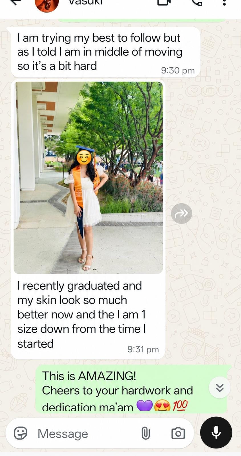 Vasuki sharing she is one size down and her skin looks better after graduating