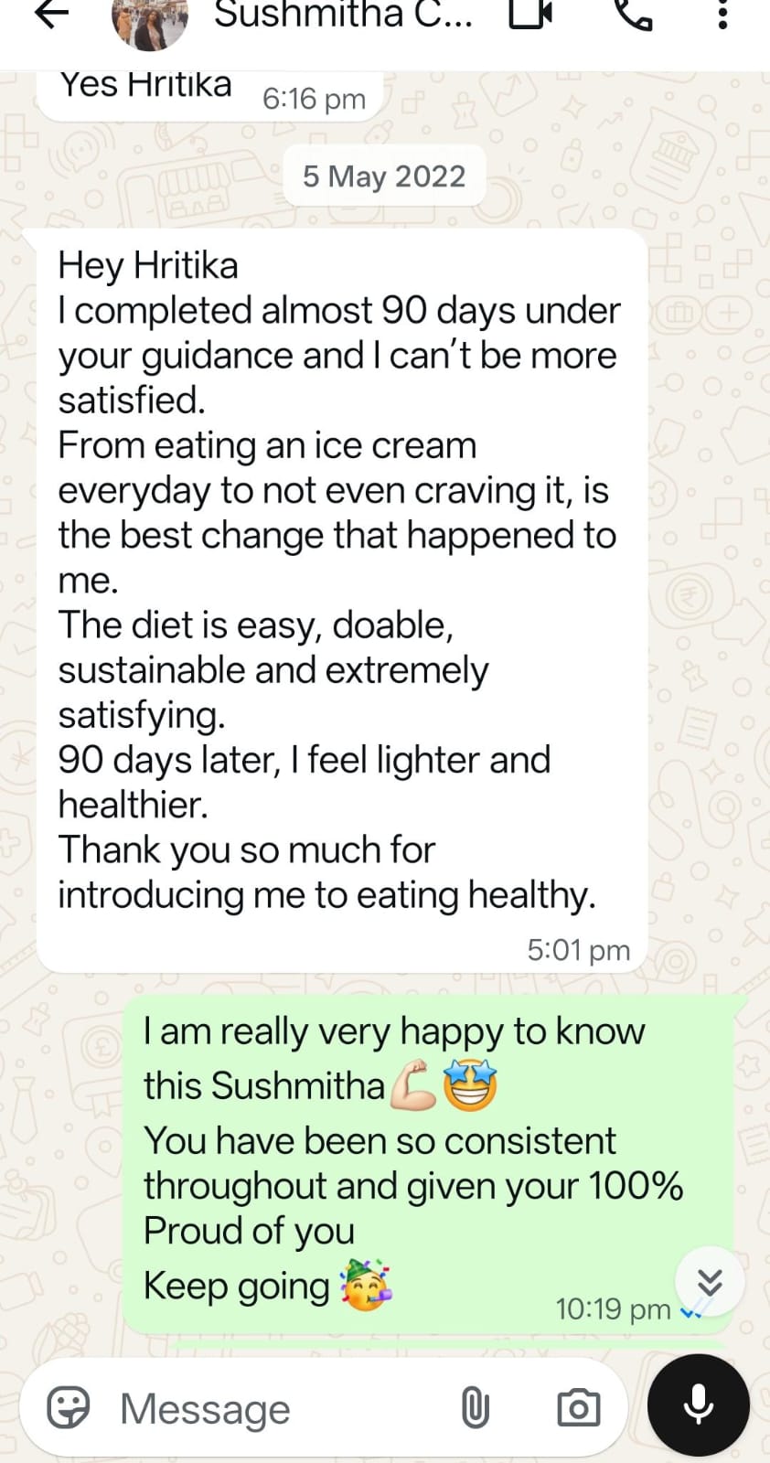 Sushmitha's message after 90 days — no more daily ice-cream cravings, feeling lighter and healthier