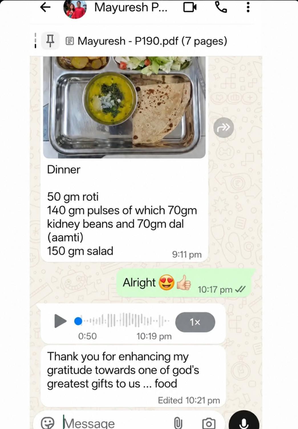 Mayuresh sharing his planned dinner and gratitude for a better relationship with food