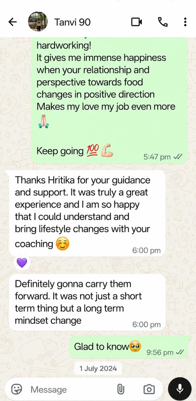 Tanvi's message about lasting lifestyle changes and a long-term mindset shift after 90 days